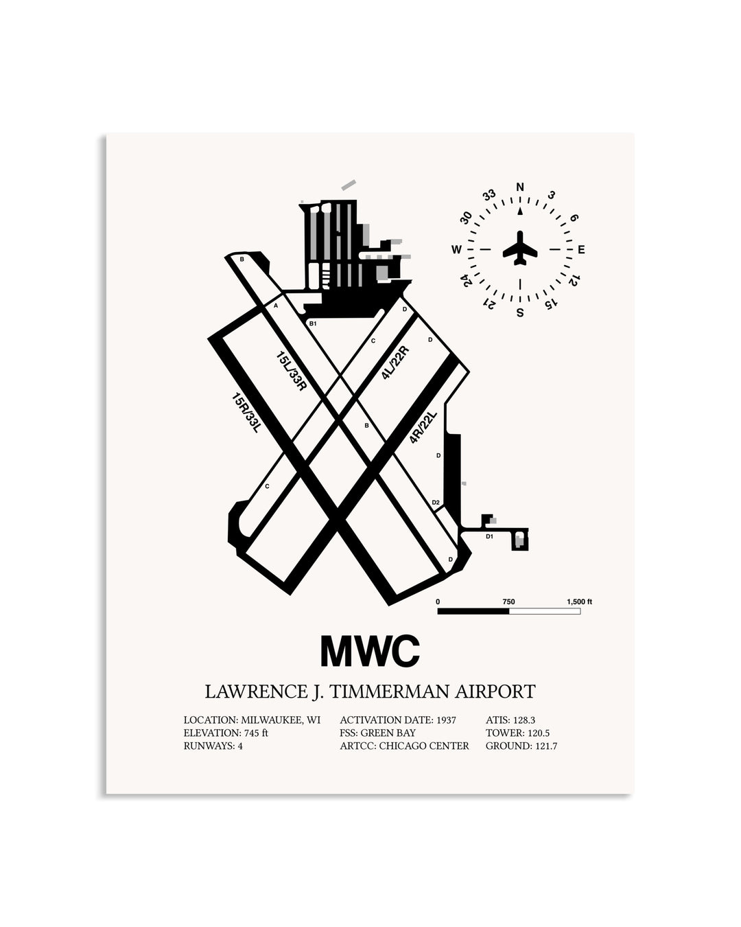 Gray Lawrence J. Timmerman Airport framed poster displayed in an airplane hangar