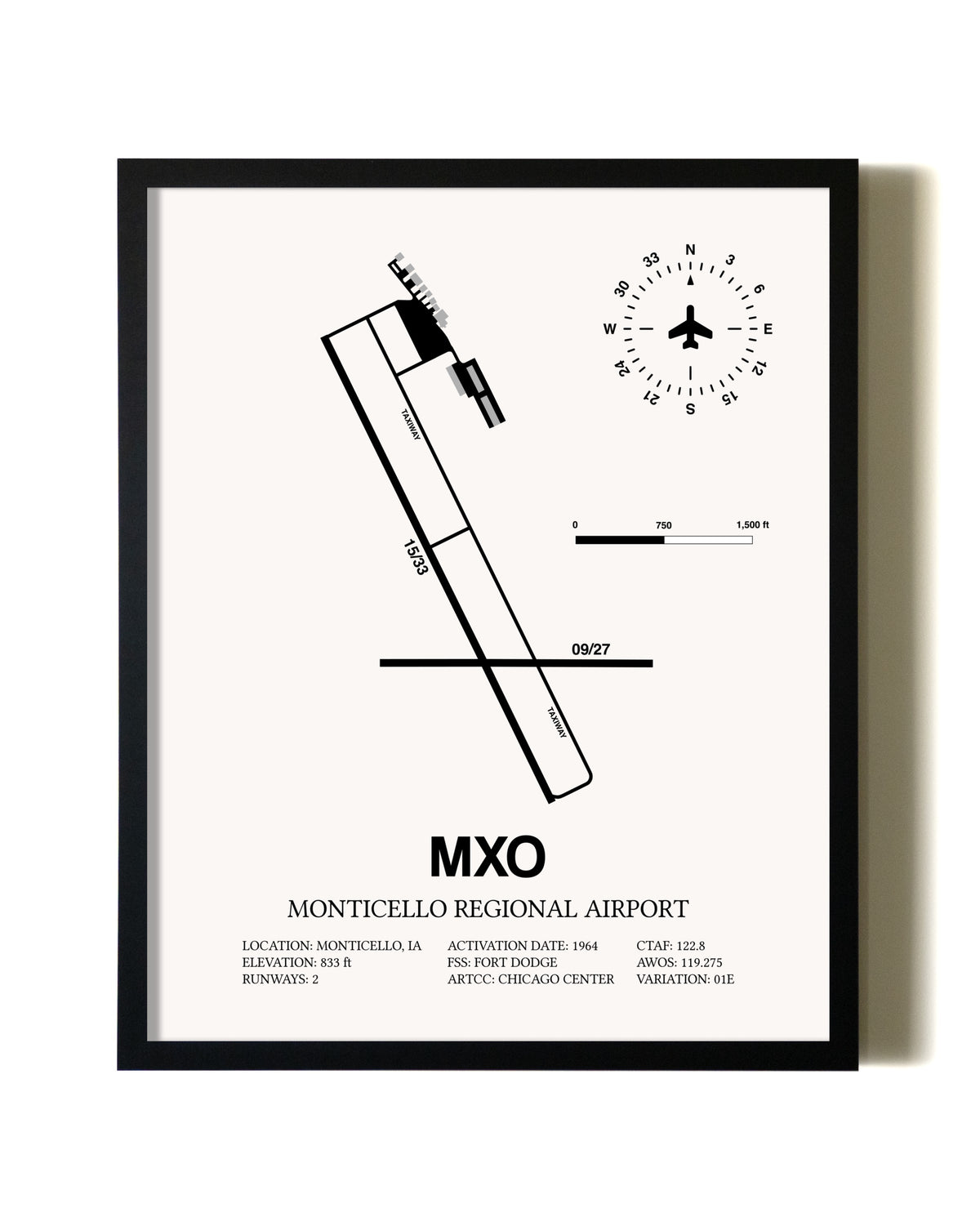 Framed Monticello Regional Airport wall art poster in black frame
