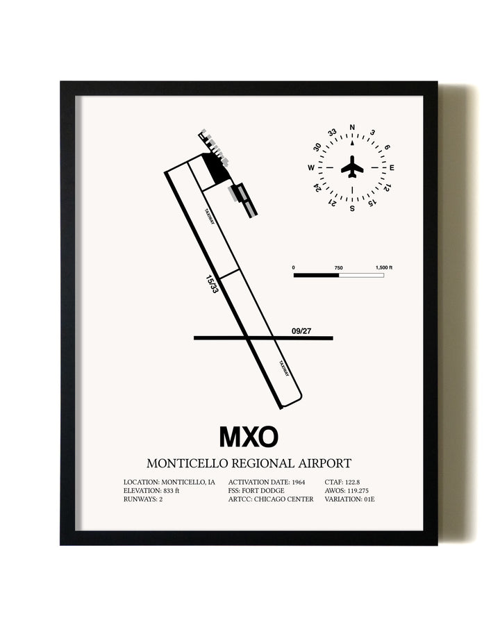 Framed Monticello Regional Airport wall art poster in black frame