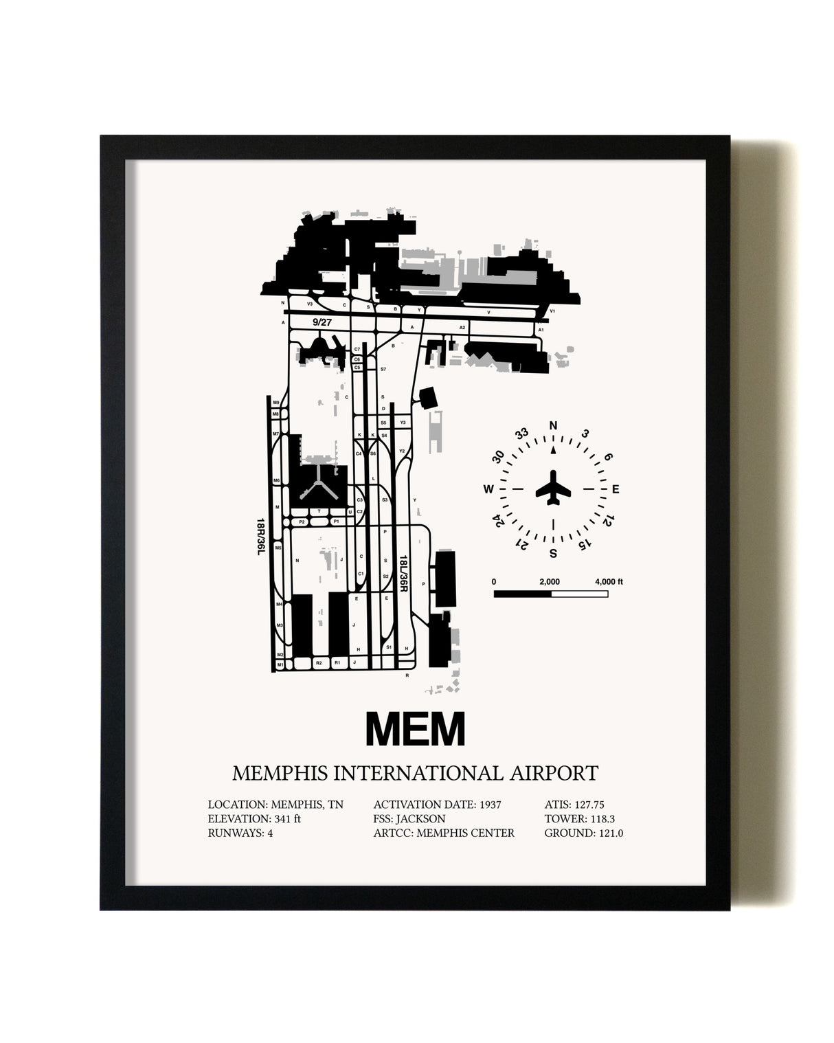 Framed Memphis International Airport wall art poster in black frame