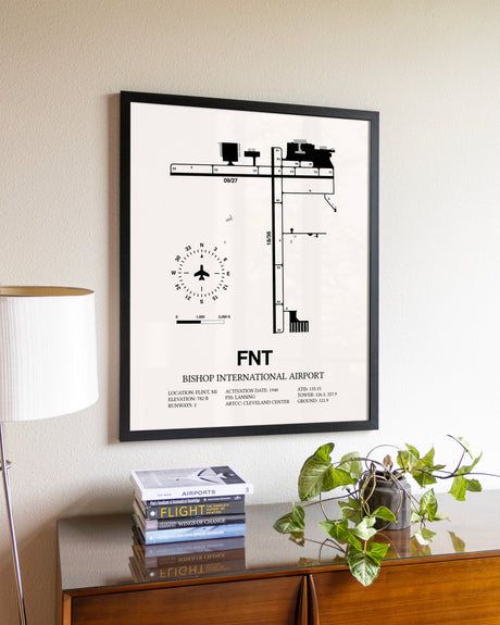 Bishop International Airport aviation wall décor in black wood frame