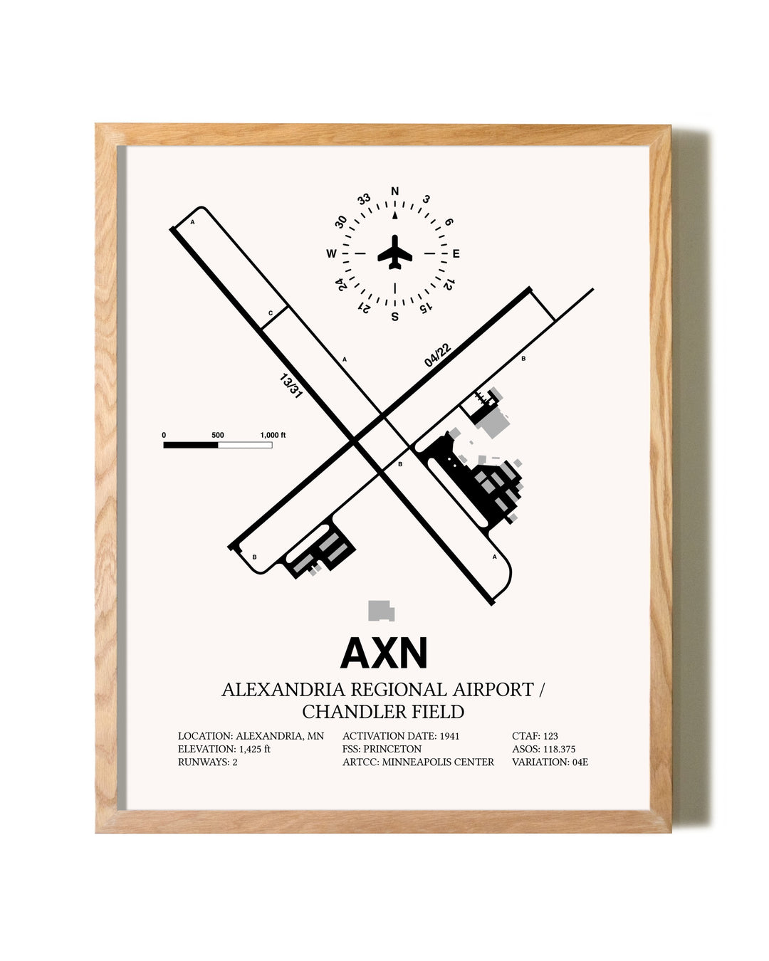 Alexandria Regional Airport / Chandler Field framed print in natural wood frame