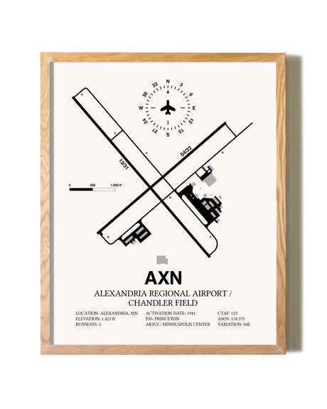 Alexandria Regional Airport / Chandler Field framed print in natural wood frame
