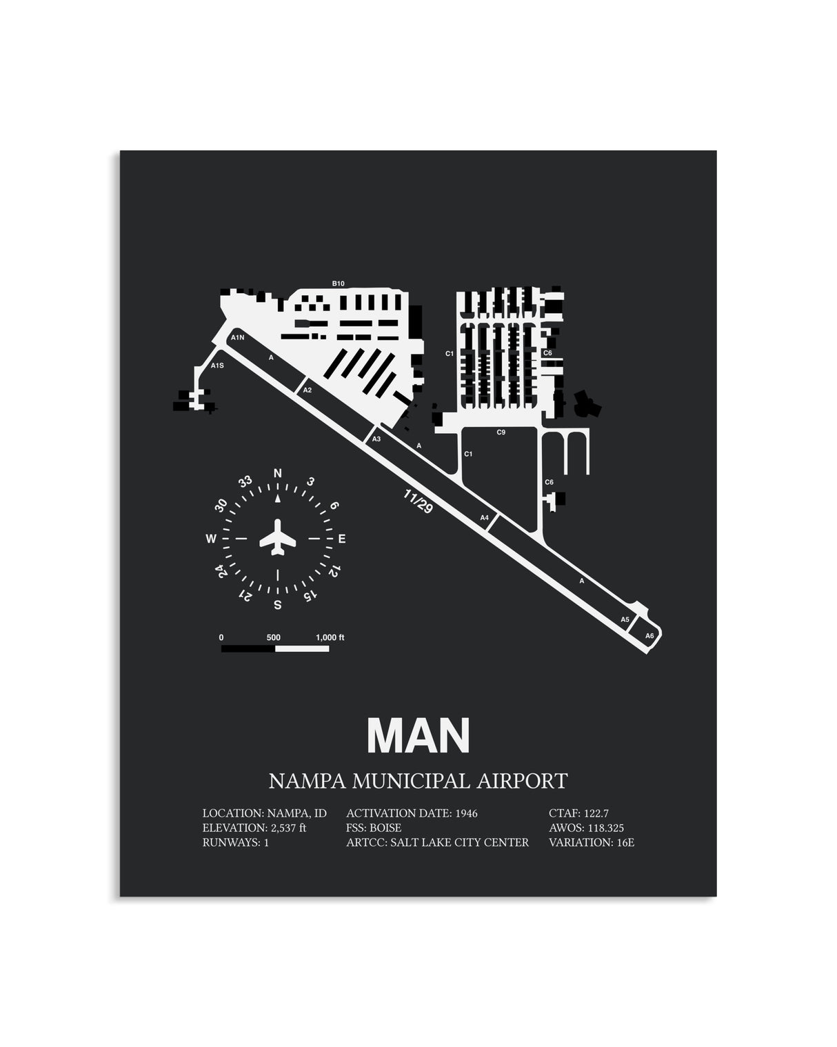 Gray Framed Nampa Municipal Airport layout wall art poster