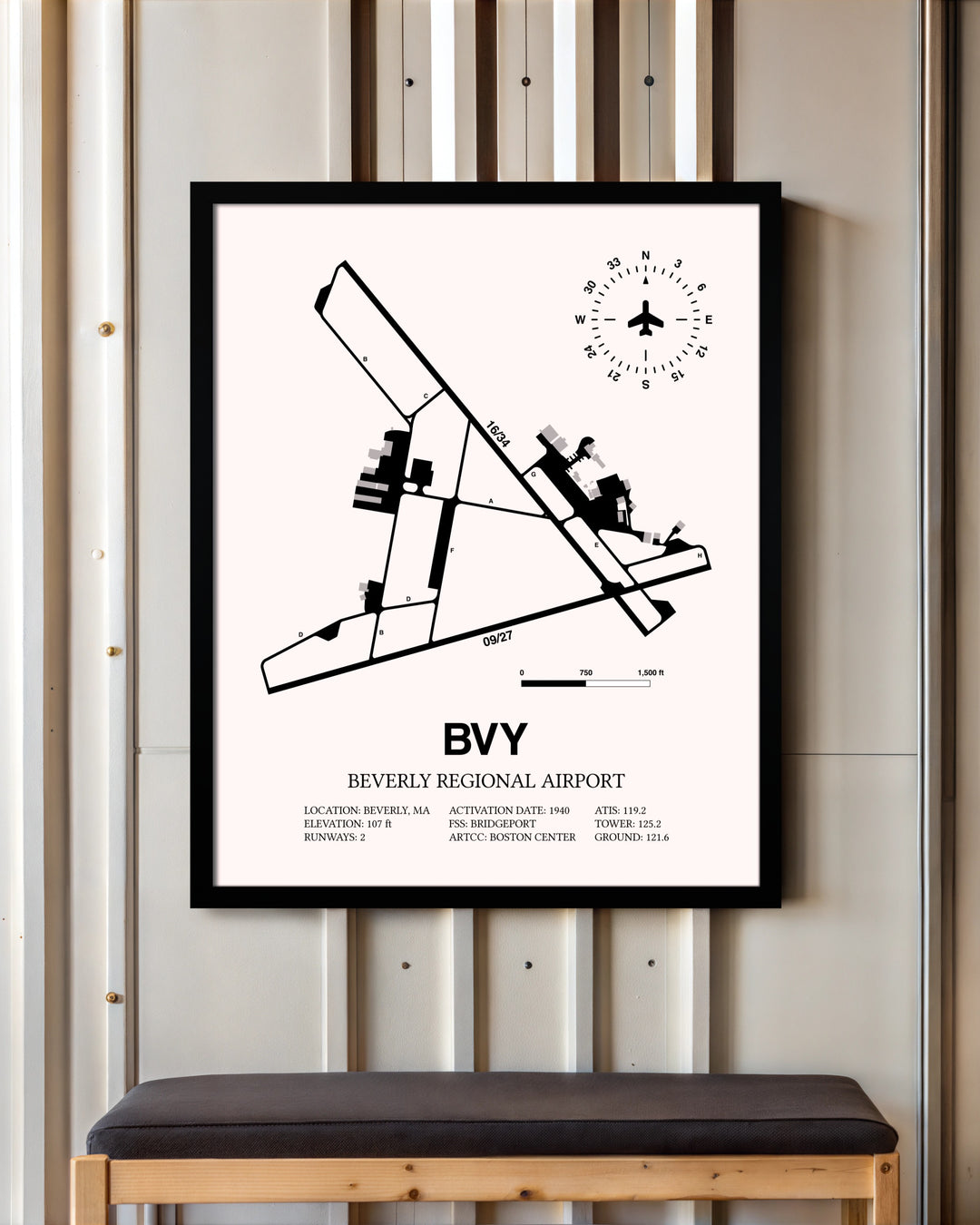 Beverly Regional Airport framed poster displayed in an airplane hangar