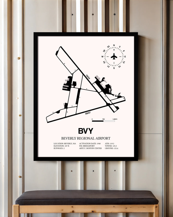 Beverly Regional Airport framed poster displayed in an airplane hangar