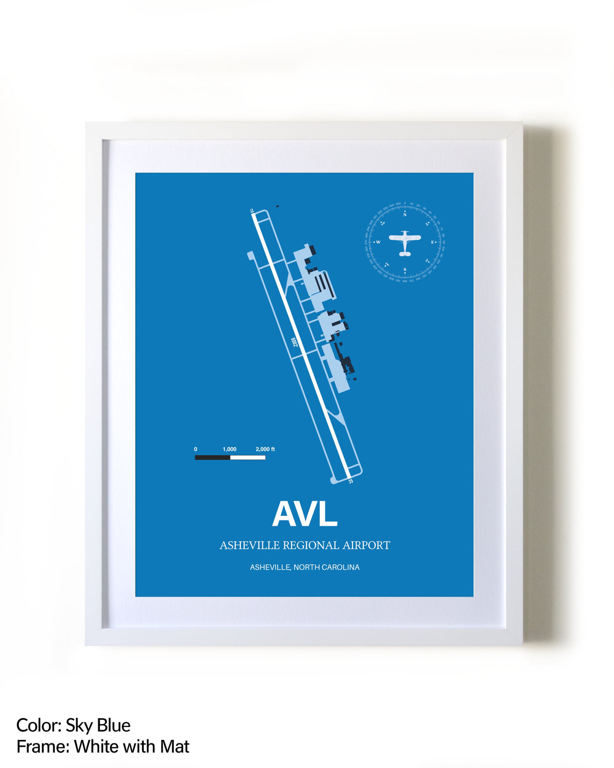 Asheville Regional Airport framed wall art in white frame with mat