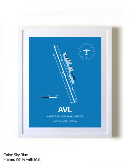 Asheville Regional Airport framed wall art in white frame with mat
