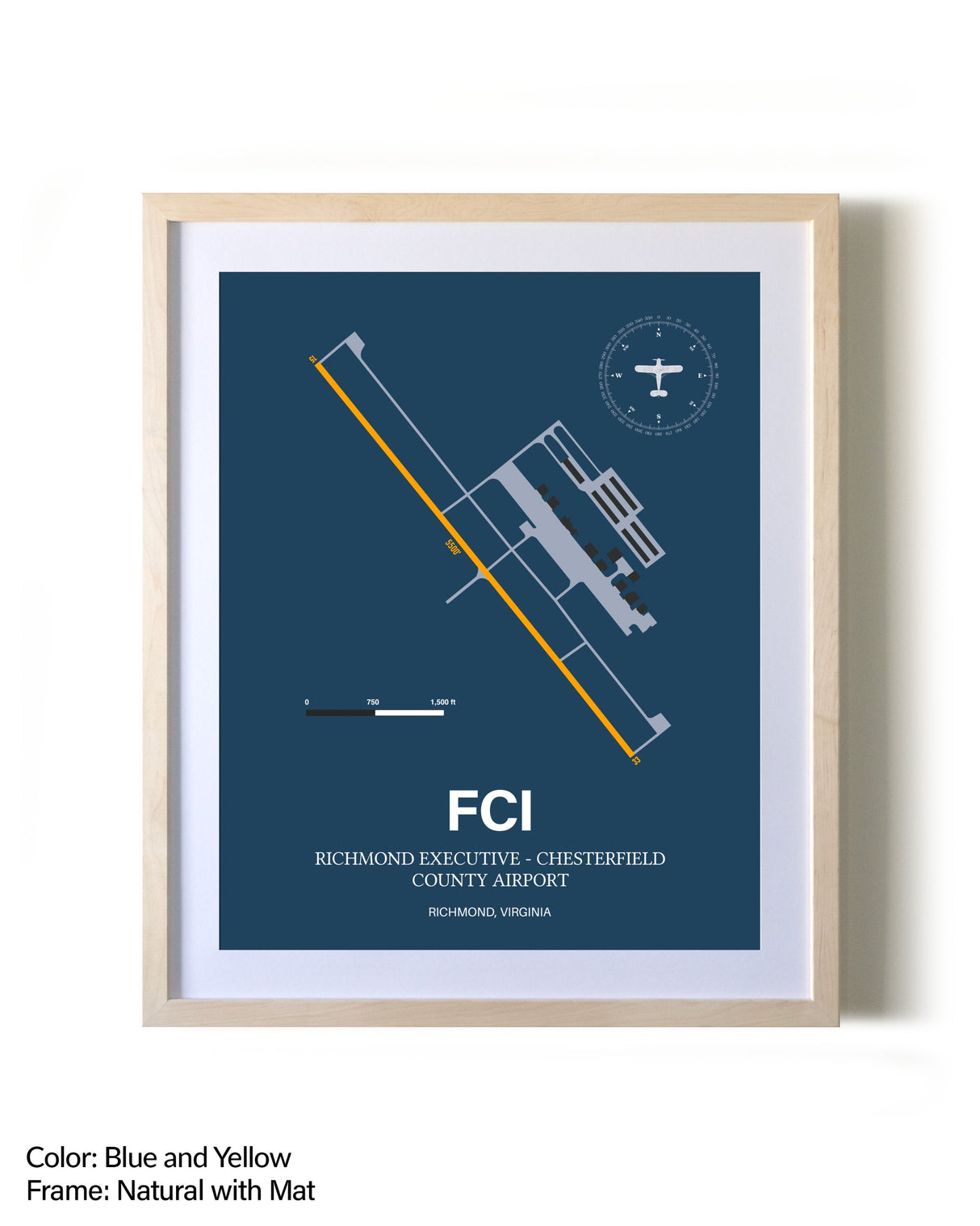 Richmond Executive-Chesterfield County Airport framed print in natural wood frame with mat