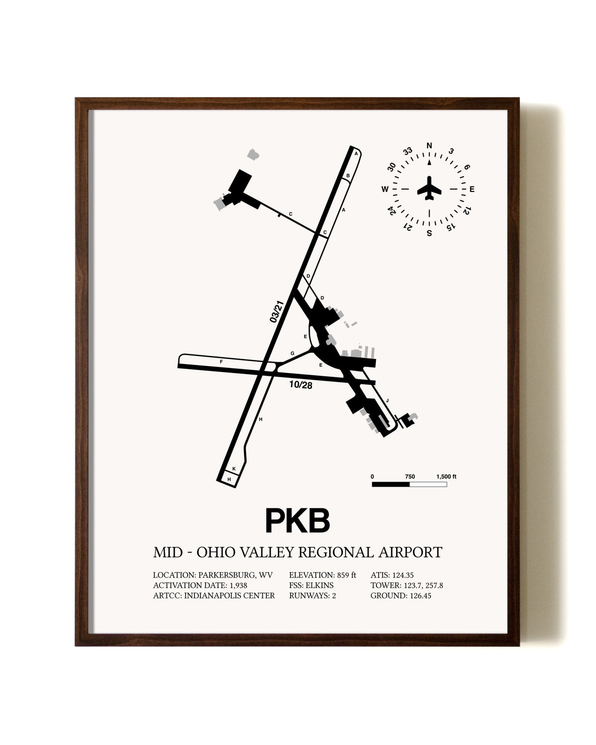 Mid-Ohio Valley Regional Airport aviation print in walnut frame