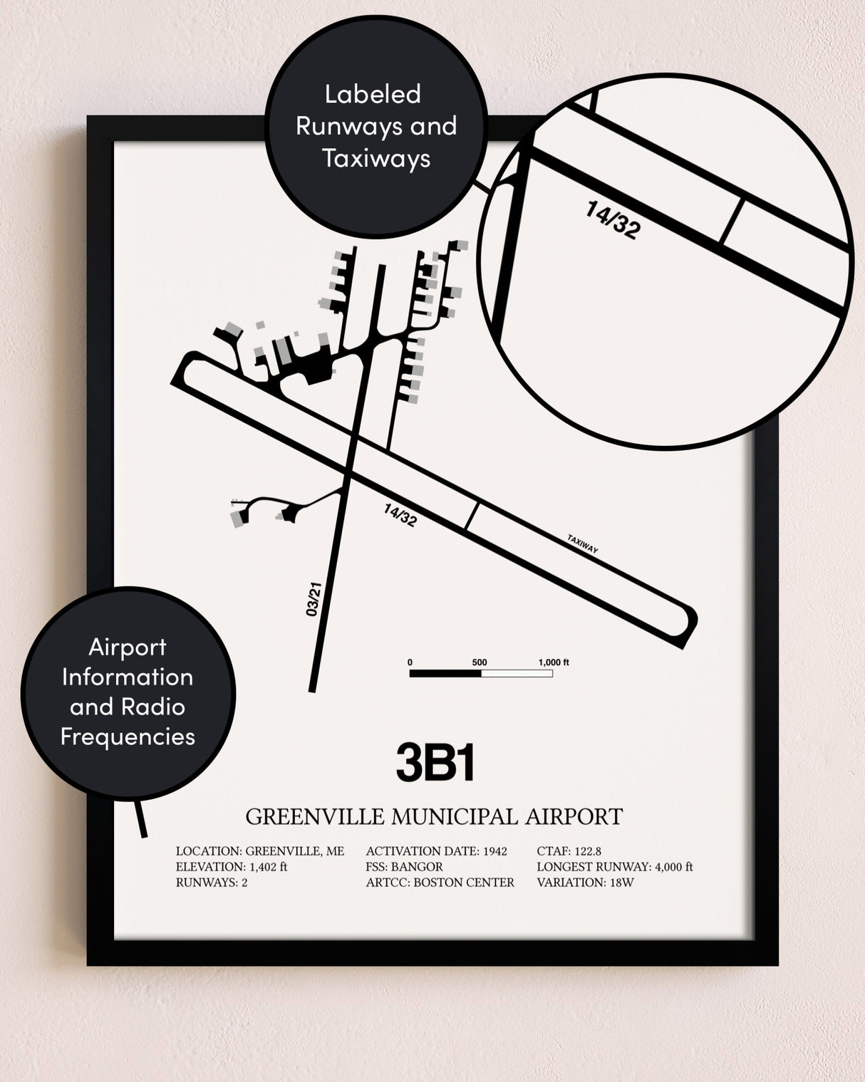Framed Greenville Municipal Airport layout wall art poster