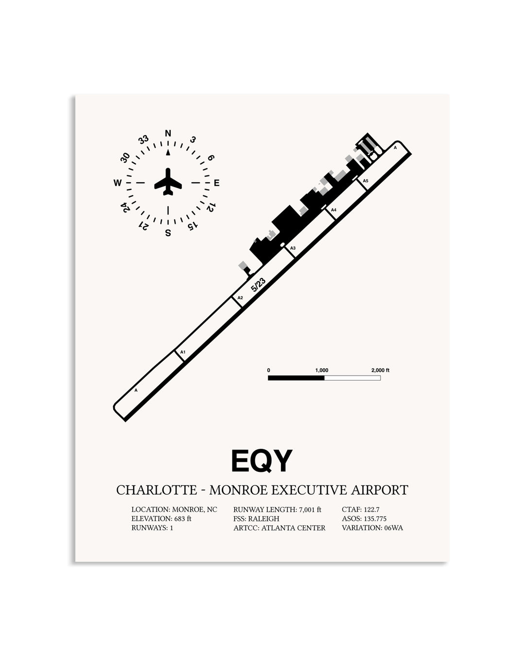 Gray Charlotte-Monroe Executive Airport framed poster displayed in an airplane hangar