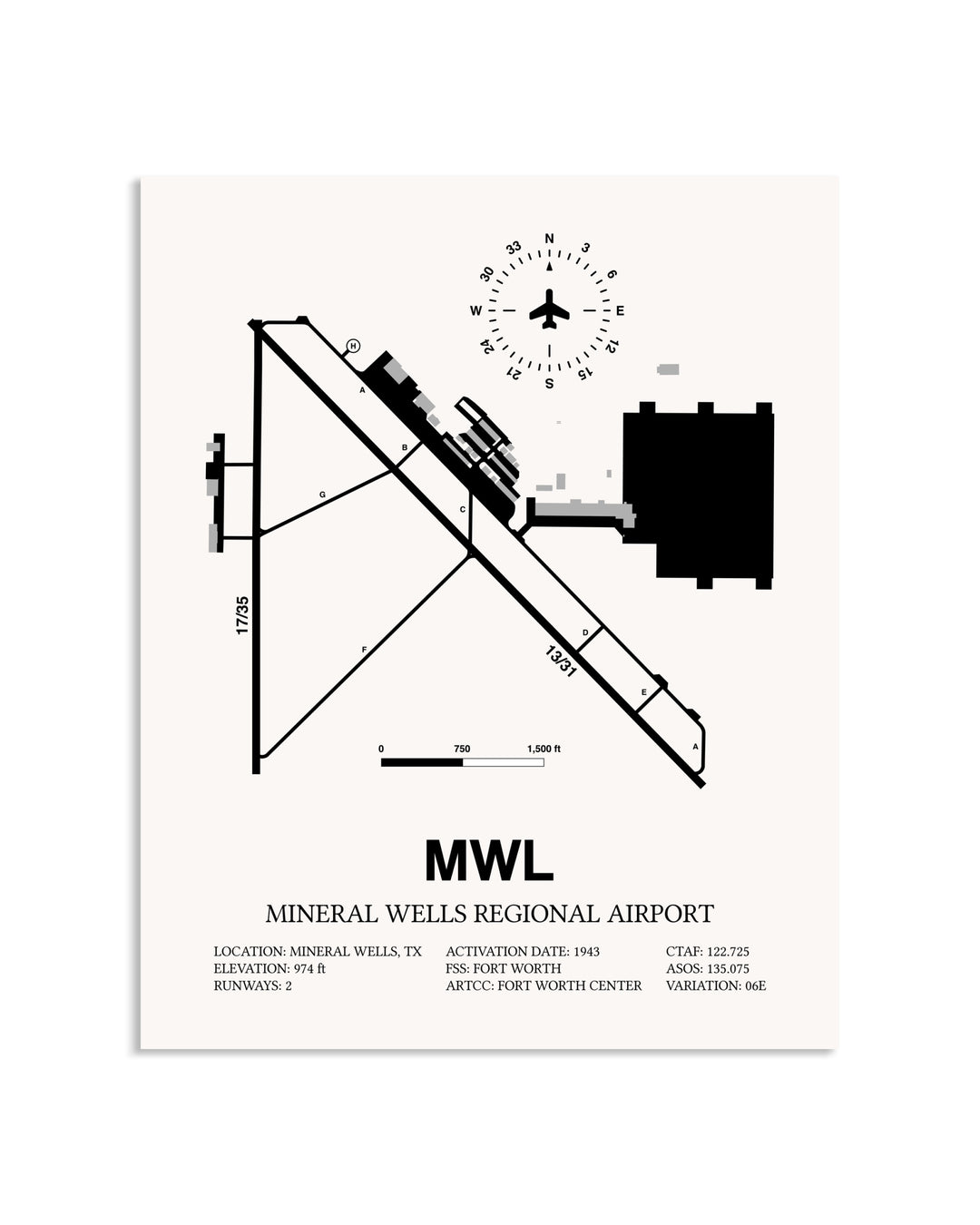 Gray Mineral Wells Regional Airport framed poster displayed in an airplane hangar