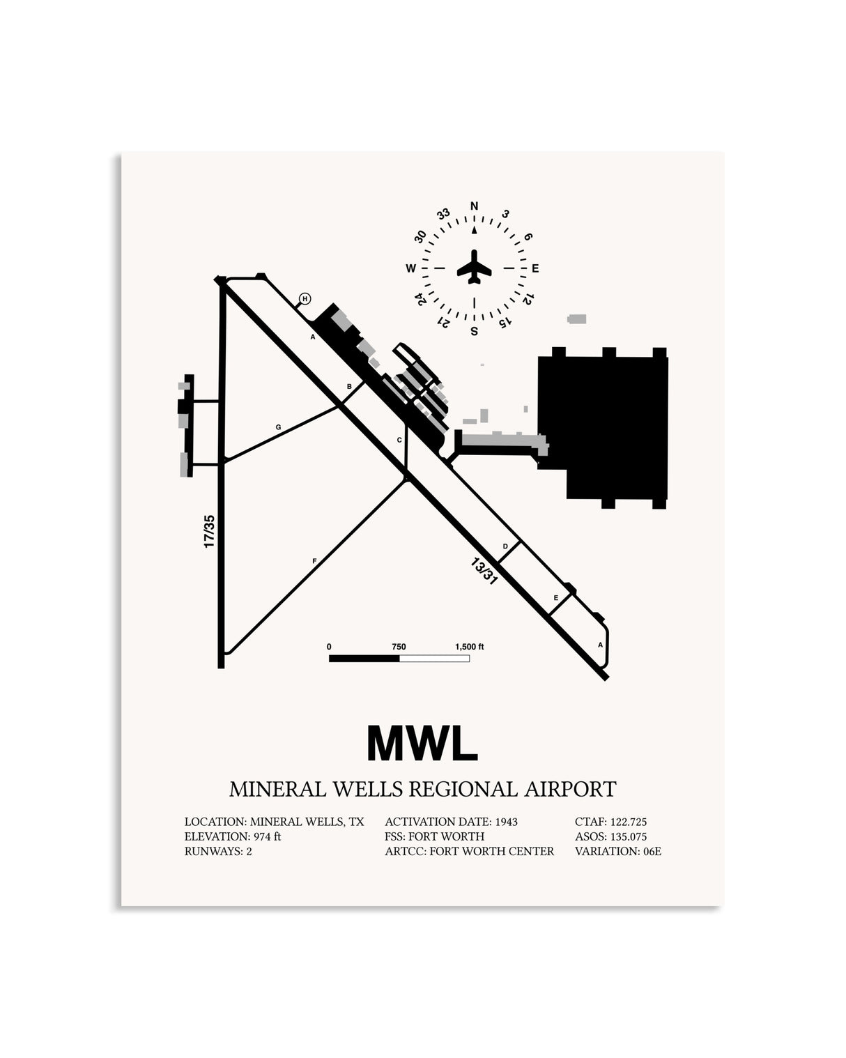 Gray Mineral Wells Regional Airport framed poster displayed in an airplane hangar