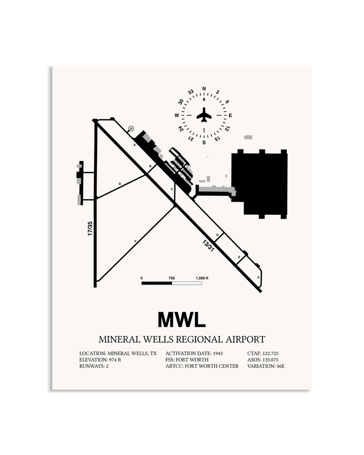 Gray Mineral Wells Regional Airport framed poster displayed in an airplane hangar