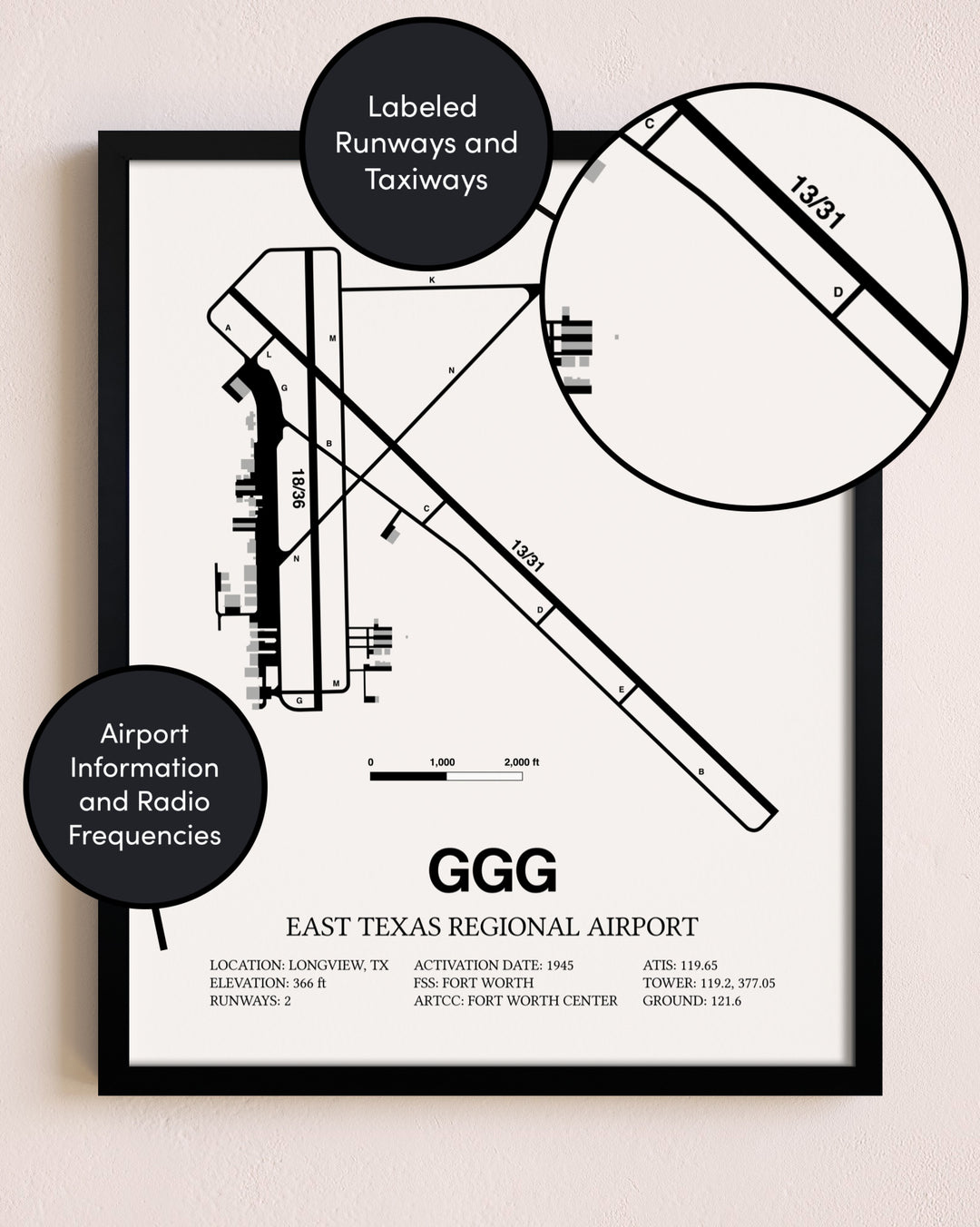 Framed East Texas Regional Airport layout wall art poster