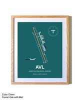 Asheville Regional Airport airport map poster in oak frame with mat