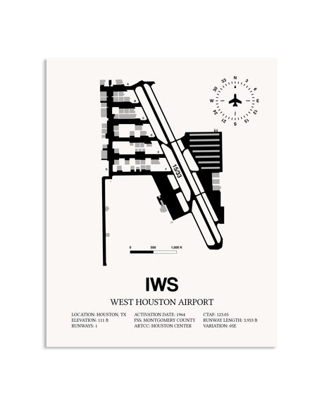 Gray West Houston Airport framed poster displayed in an airplane hangar