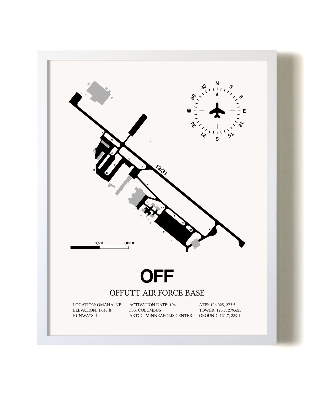 Offutt Air Force Base airport map poster in oak frame
