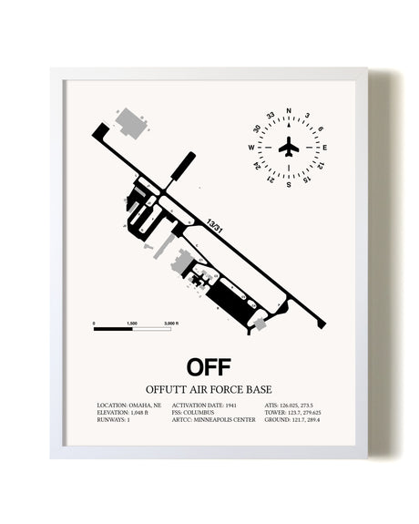 Offutt Air Force Base airport map poster in oak frame