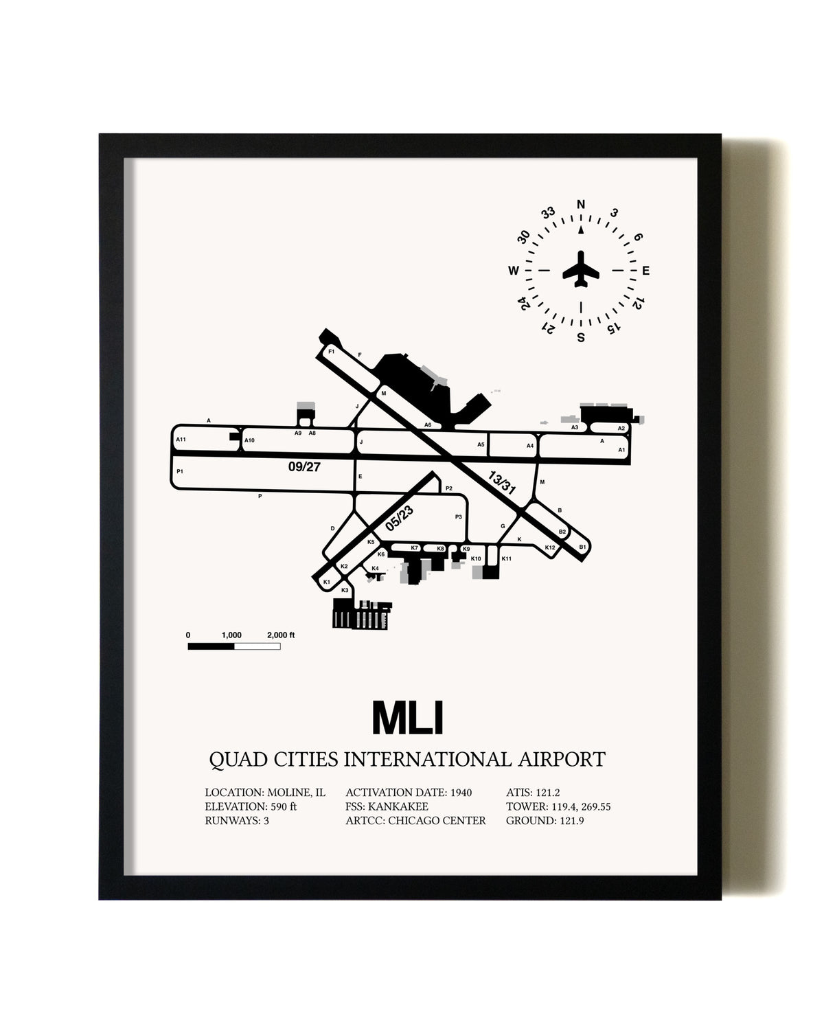 Framed Quad Cities International Airport wall art poster in black frame