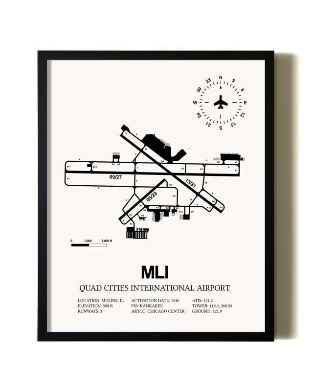 Framed Quad Cities International Airport wall art poster in black frame