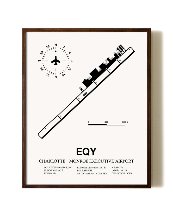 Charlotte-Monroe Executive Airport aviation print in walnut frame