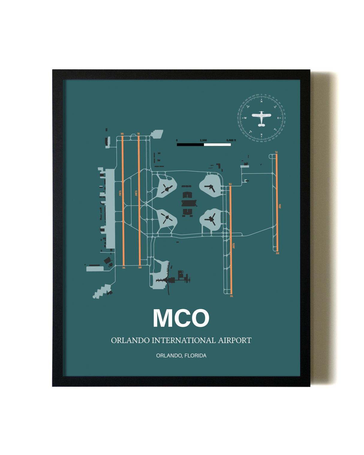 Green Orlando International Airport aviation wall décor in black wood frame
