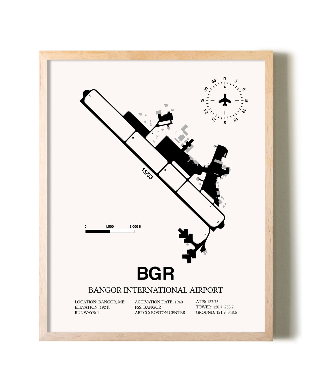Bangor International Airport framed wall art in white frame