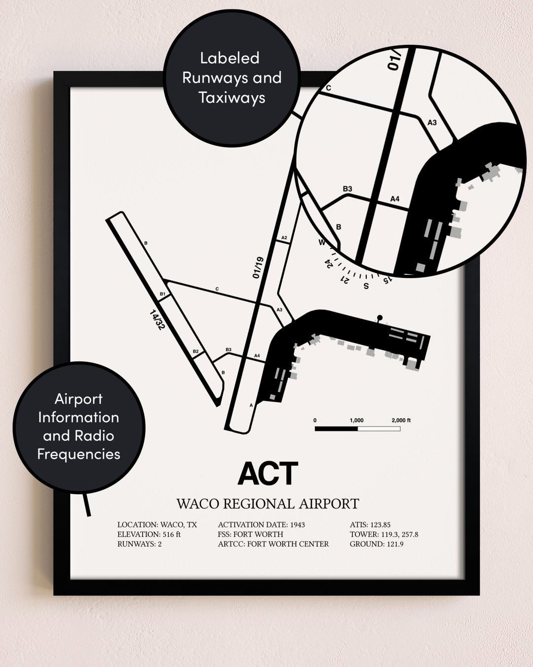 Framed Waco Regional Airport layout wall art poster