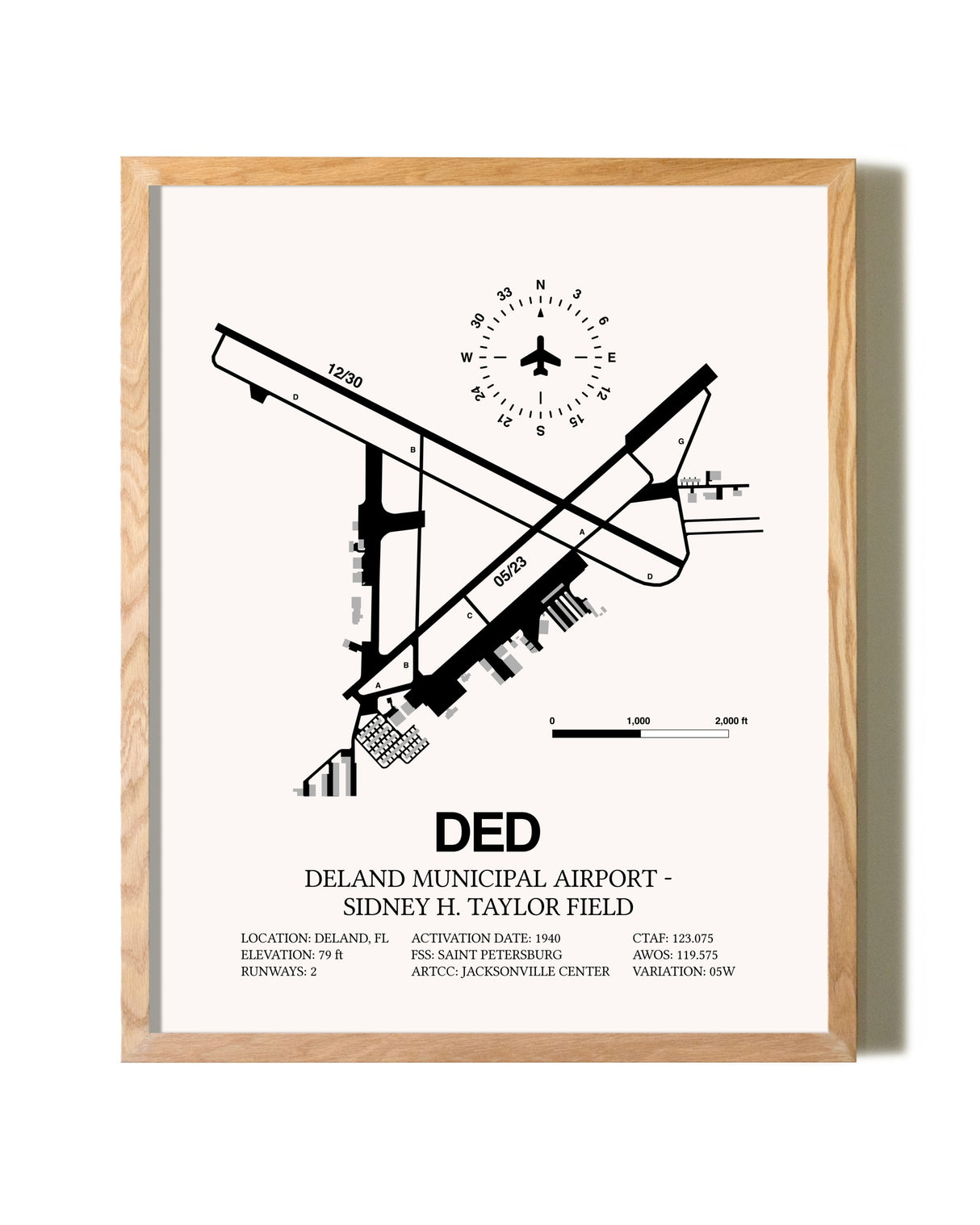 Deland Municipal Airport-Sidney H Taylor Field framed print in natural wood frame