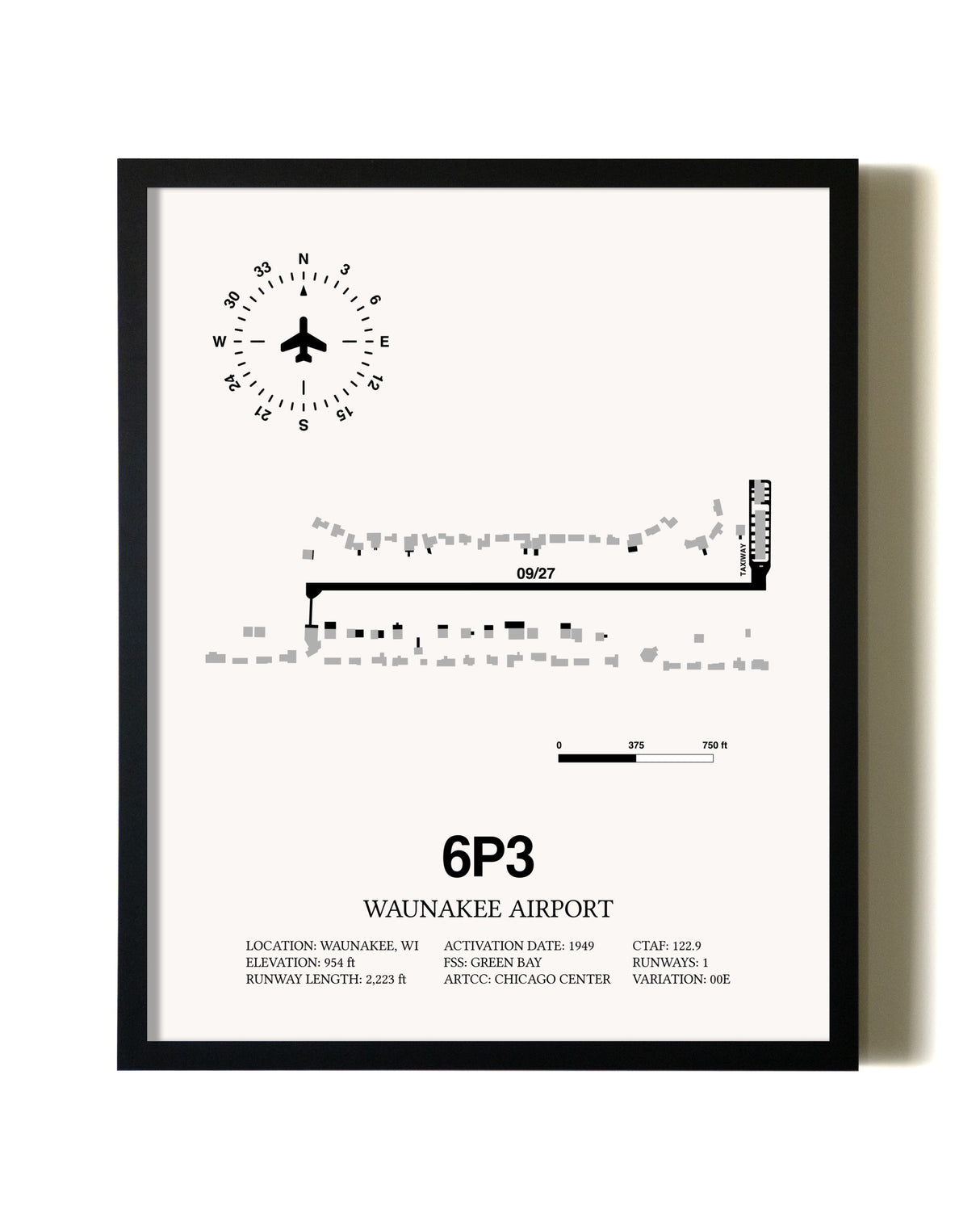 Framed Waunakee Airport wall art poster in black frame