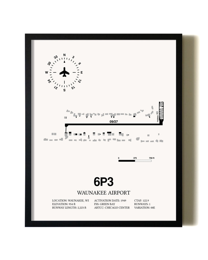 Framed Waunakee Airport wall art poster in black frame