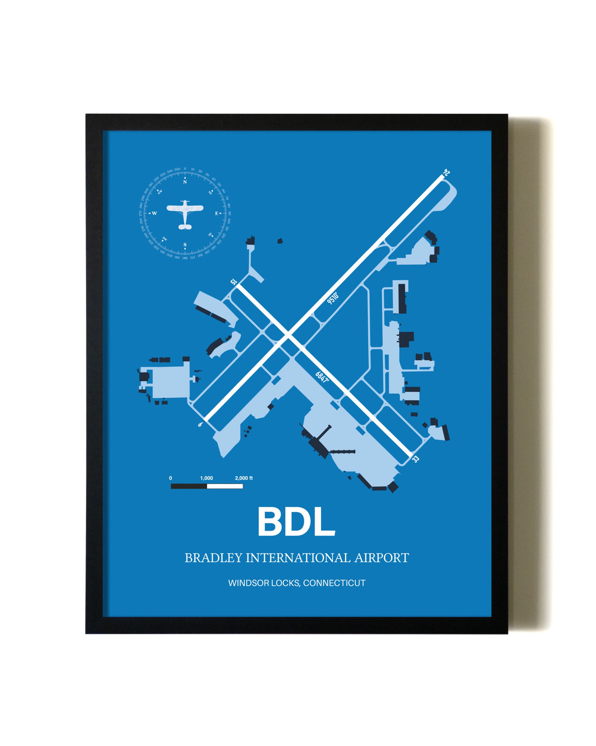 Sky Blue Bradley International Airport aviation wall décor in black wood frame