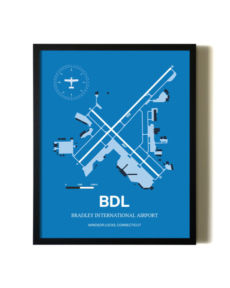 Sky Blue Bradley International Airport aviation wall décor in black wood frame