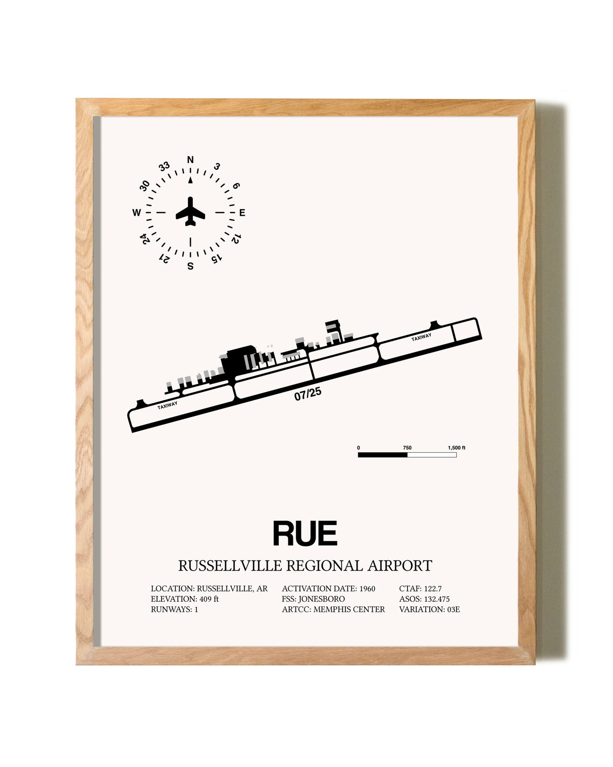 Russellville Regional Airport framed print in natural wood frame