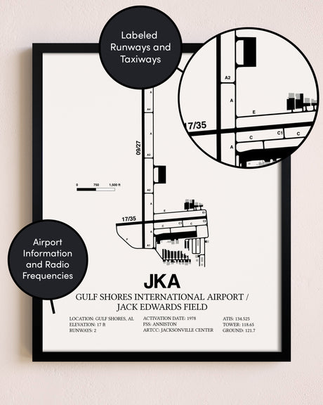 Framed Gulf Shores International Airport / Jack Edwards Field layout wall art poster