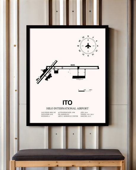 Hilo International Airport framed poster displayed in an airplane hangar
