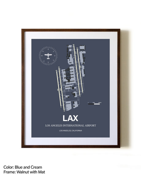 Los Angeles International Airport aviation print in walnut frame with mat