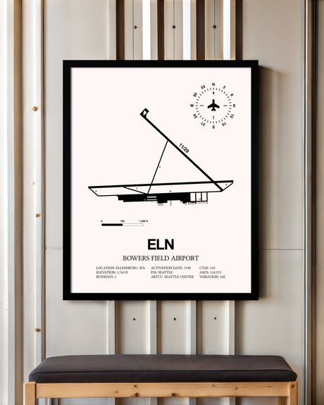 Bowers Field Airport framed poster displayed in an airplane hangar