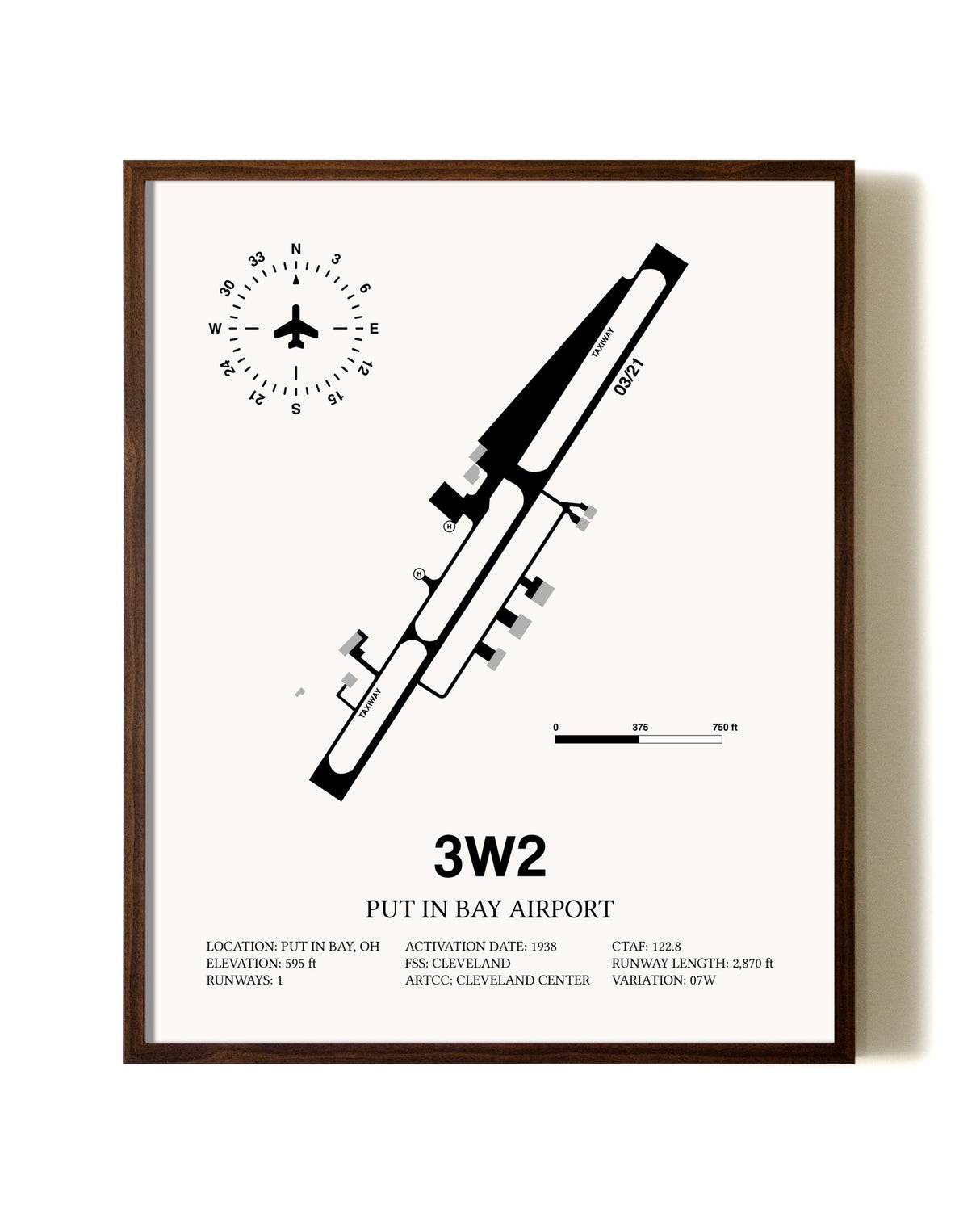 Put in Bay Airport aviation print in walnut frame