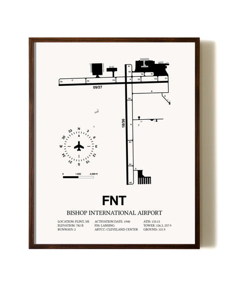 Bishop International Airport aviation print in walnut frame