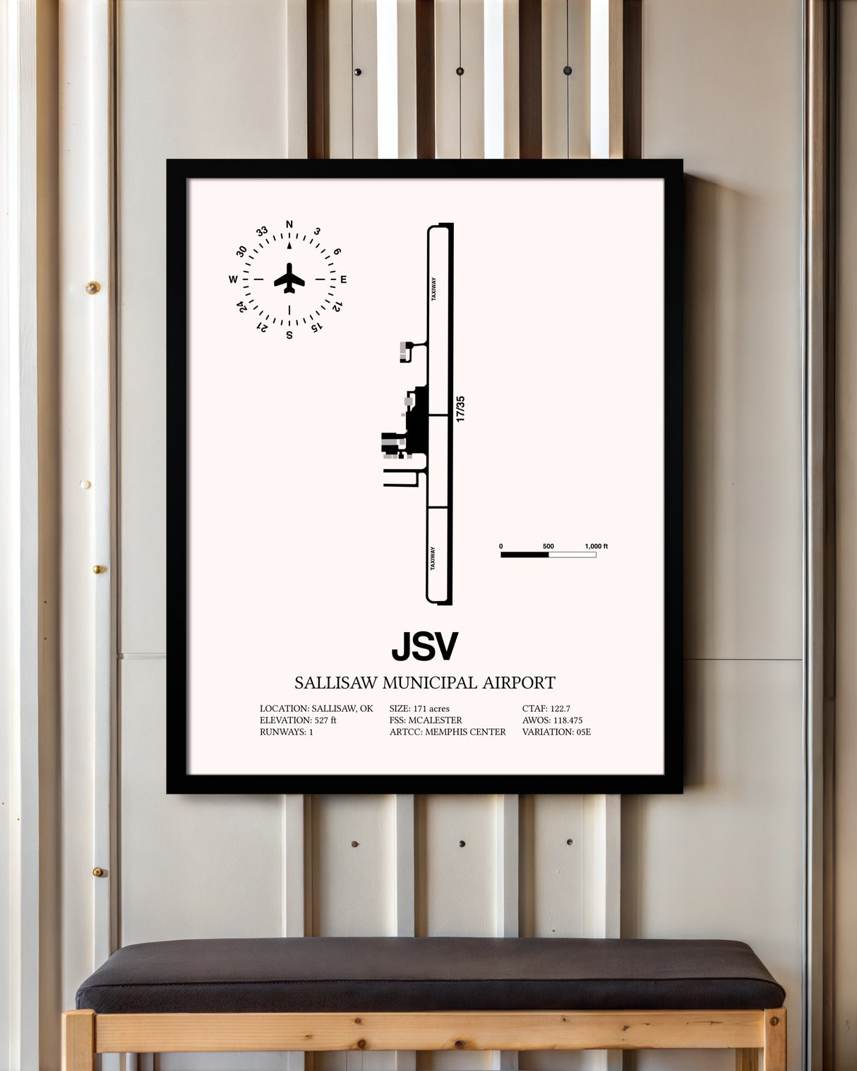 Sallisaw Municipal Airport framed poster displayed in an airplane hangar