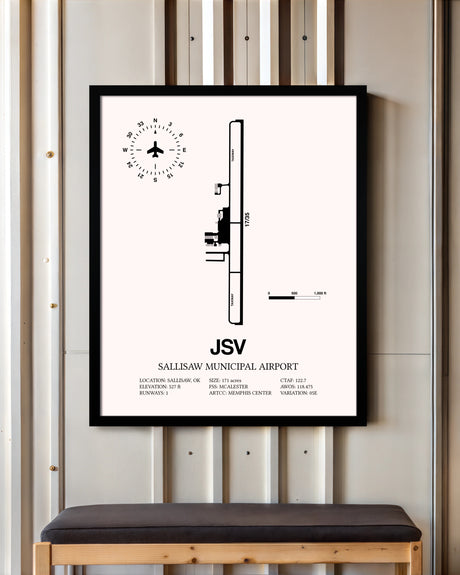 Sallisaw Municipal Airport framed poster displayed in an airplane hangar