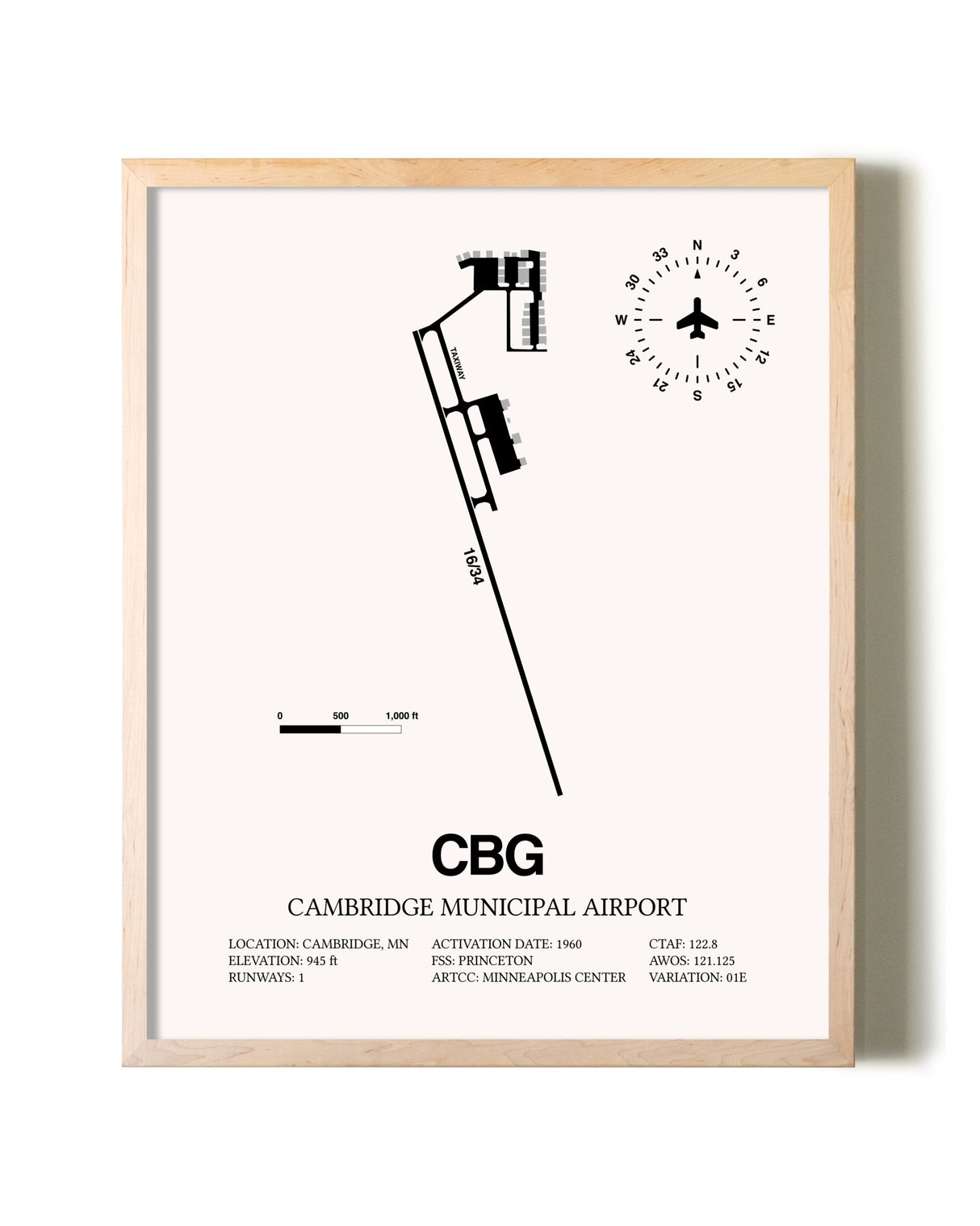 Cambridge Municipal Airport framed wall art in white frame