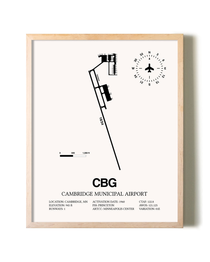 Cambridge Municipal Airport framed wall art in white frame