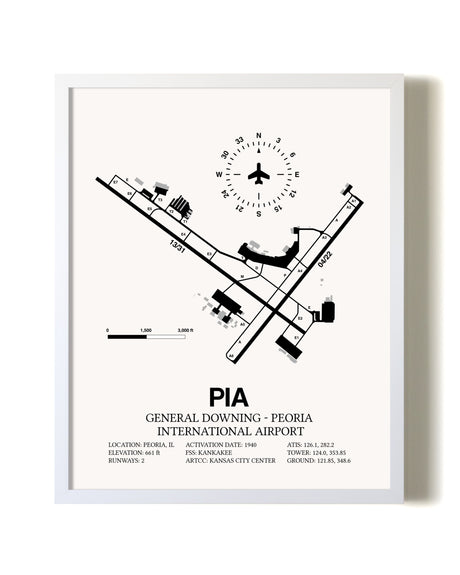 General Downing-Peoria International Airport airport map poster in oak frame