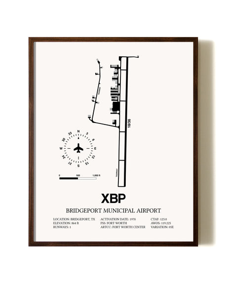 Bridgeport Municipal Airport aviation print in walnut frame
