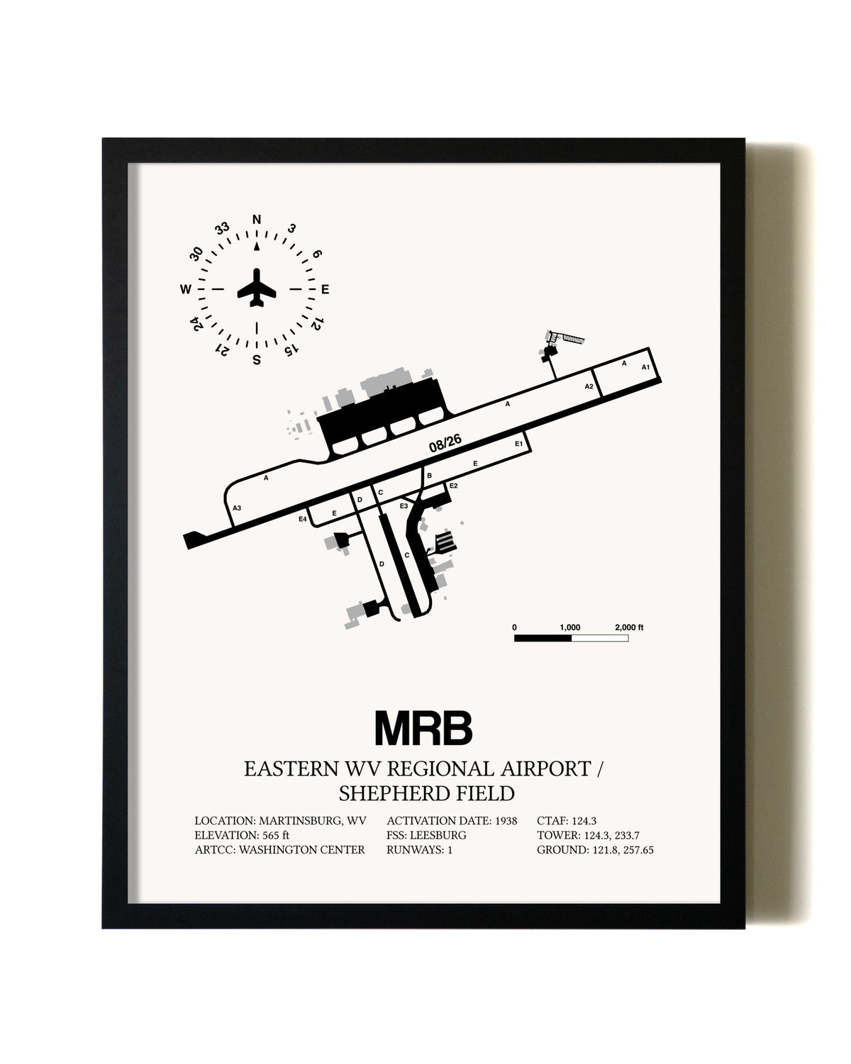 Framed Eastern WV Regional Airport / Shepherd Field wall art poster in black frame