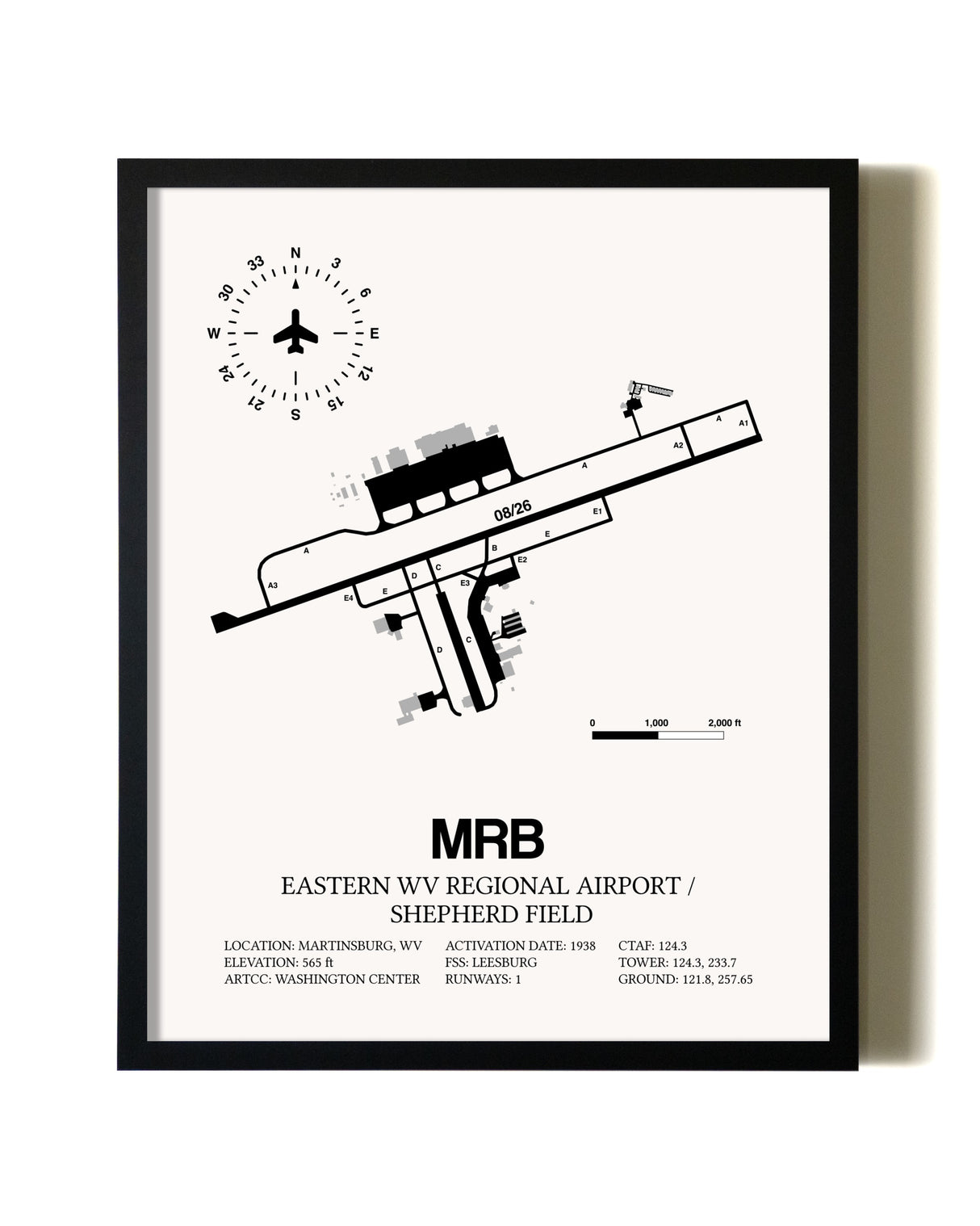 Framed Eastern WV Regional Airport / Shepherd Field wall art poster in black frame